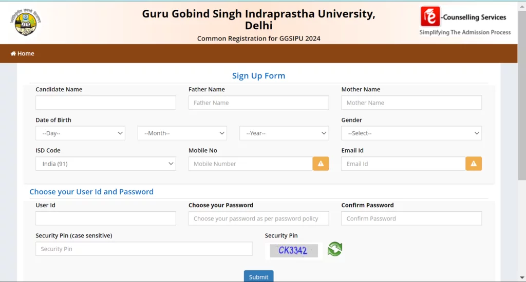 ipu cuet sign up form